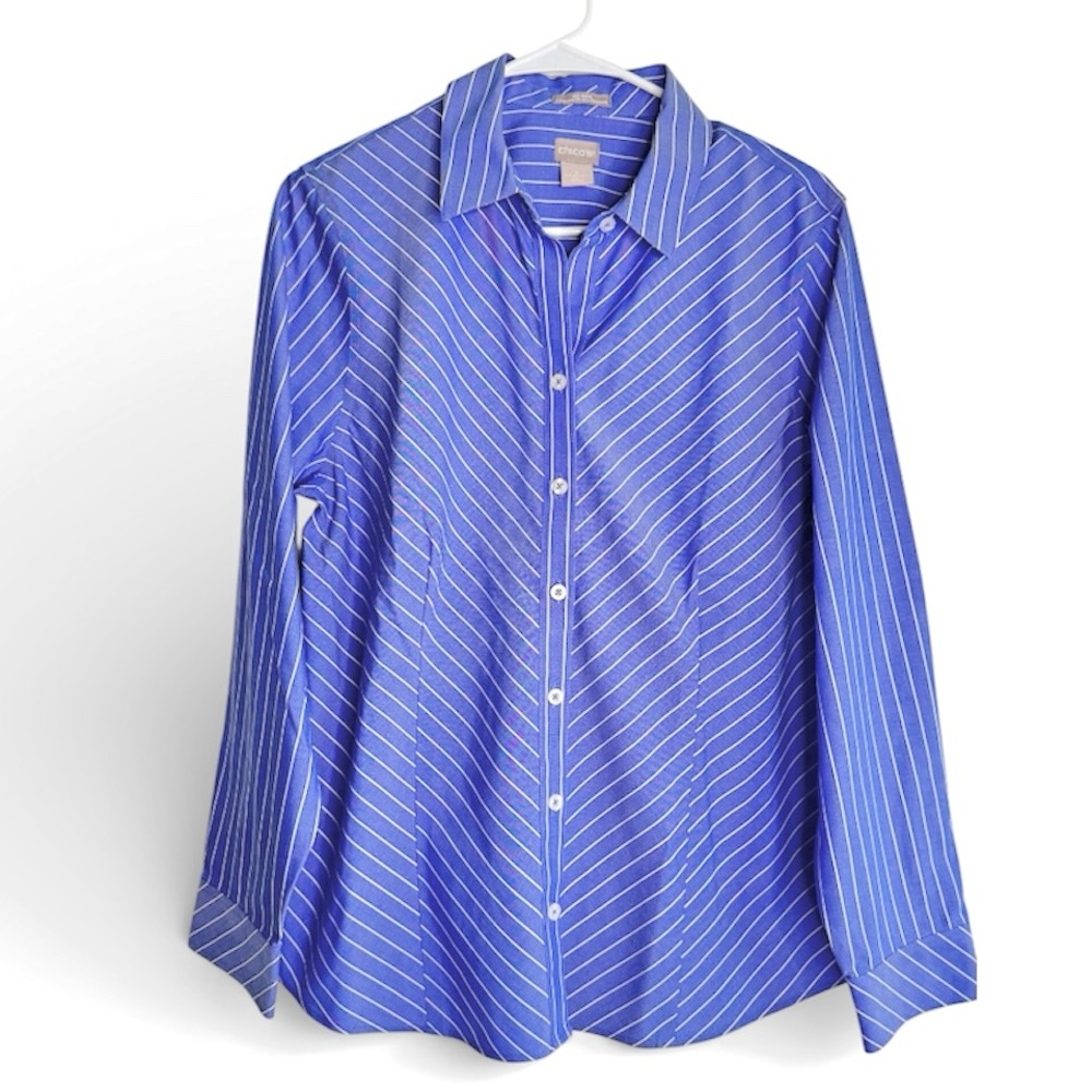 Chico’s Shirts No Iron All Season Coolmax Striped Blue White cotton Size 2 New - Picture 12 of 12